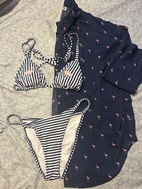 Navy Pink Flamingo Button-Up Shirt & Striped Bikini Set